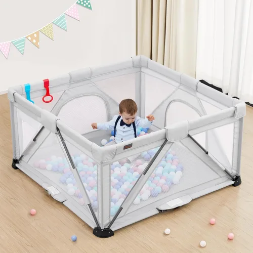 Vista 13 de Yobear - Corralito plegable para bebés y niños pequeños con 50 pelotas oceánicas y 2 asas, área de juego de seguridad para niños en interiores