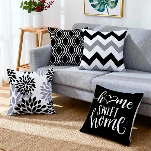 Vista 6 de Hexagram Juego de 4 fundas decorativas negras con diseño geométrico negro de 16 x 16 pulgadas, fundas decorativas para cojín de estilo bohemio