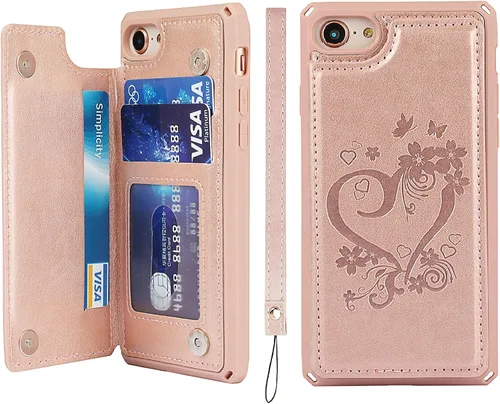 Vista 21 de iCoverCase Funda compatible con iPhone SE 2022/SE 2020/7/8 con soporte para tarjetas, funda tipo cartera para mujer, con bloqueo RFID en relieve