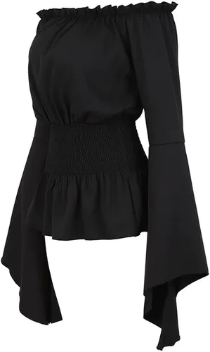 Vista 2 de Blusa renacentista con hombros descubiertos y manga larga tipo trompeta para mujer, disfraz de campesina, época medieval o victoriana.
