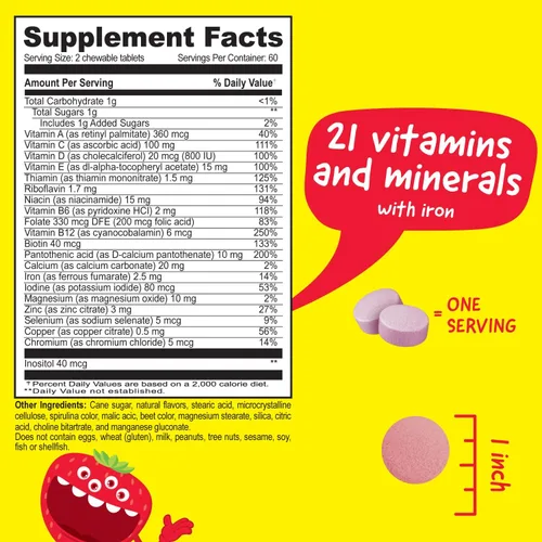 Vista 2 de VitaWorks Masticables multivitamínicos para niños + hierro 10 mg + paquete de masticables de vitamina C