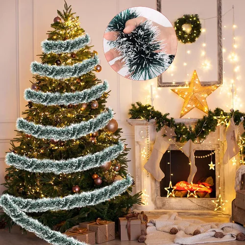 Vista 3 de Guirnalda de oropel verde de 50 pies para árbol de Navidad, decoraciones brillantes metálicas colgantes para decoración de árbol de Navidad