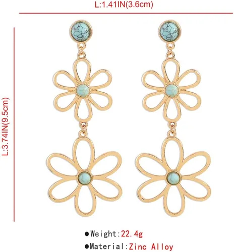 Vista 6 de Aretes colgantes de flores turquesas para mujer, con borla larga, margarita, flor de cerezo, piedra natal azul, colgante, bohemios, ligeros, regalos