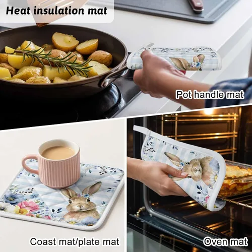 Vista 8 de Juego de soportes para ollas de Pascua azules para cocina, platos de sartén para horno, tapete a prueba de calor con lazo para colgar, agarraderas