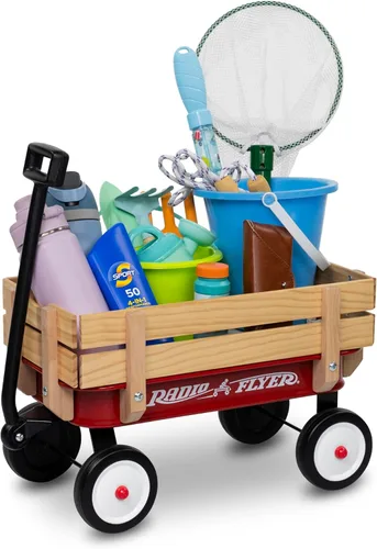 Vista 6 de Radio Flyer Mini vagón de acero y madera para niños, vagón de juguete de 19 pulgadas para niños de 1.5 años en adelante, versión de tamaño de juego