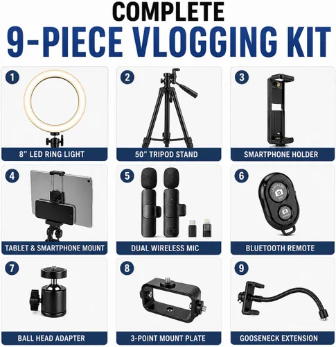 Vista 2 de Acuvar Kit de vlogging con trípode de luz de anillo – Kit de creación de contenido para iPhone, Android y tabletas, micrófono, control remoto