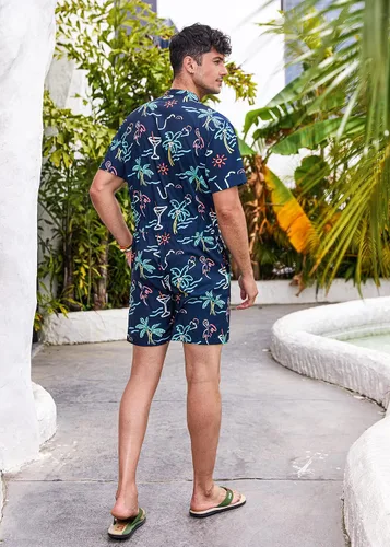 Vista 4 de COOFANDY Enterizo de una pieza para hombre, manga corta, camisa floral hawaiana, con cremallera, pantalones cortos, casual, playa, con bolsillos