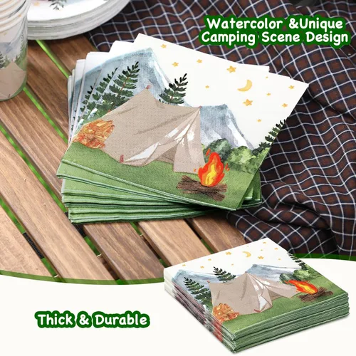 Vista 3 de Nefelibata Servilletas de papel para campamento con decoración de cumpleaños, servilletas de papel con acuarela, tienda de campaña de acuarela