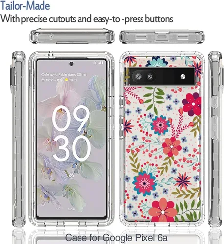Vista 5 de Funda para Google Pixel 6A, funda GX7AS con protector de pantalla de vidrio templado, cuerpo completo transparente floral TPU delgado funda