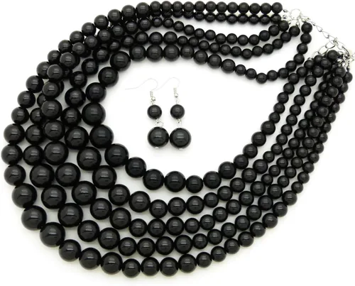 Vista 2 de Conjunto de collar y aretes de imitación de perlas de cinco hilos para mujer