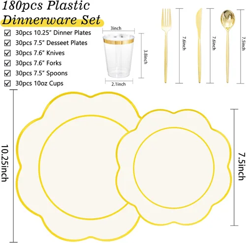 Vista 9 de ejonirinjonir EI - 180 platos de plástico beige con cubiertos de plástico dorado, platos desechables de alta resistencia para fiestas, juego