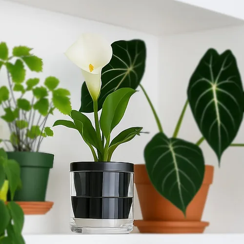 Vista 2 de D'vine Dev Maceta de Diseño de Riego Automático de 4 Pulgadas para Plantas de Interior, Maceta de Terracota Negra con Vaso Cilíndrico de Vidrio