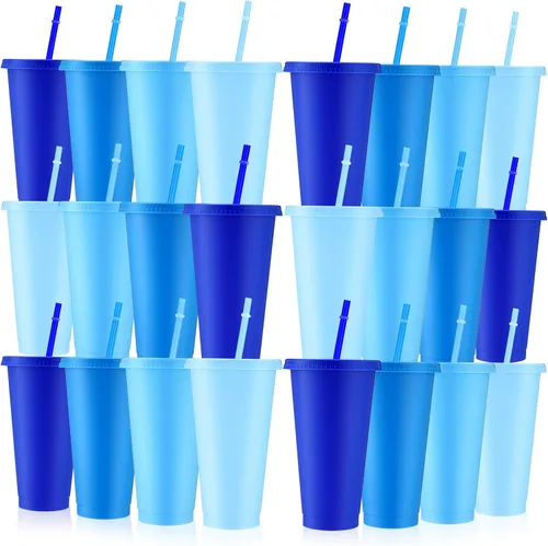 Vista 30 de Skylety - 12 vasos de plástico con purpurina azul con tapas y pajillas, 24