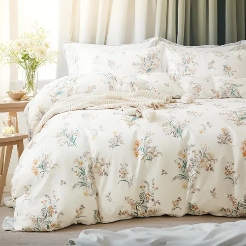 Vista 11 de Juego de edredón floral azul tamaño Queen, juego de ropa de cama botánica azul 100% algodón, edredón suave transpirable de 3 piezas y 2 fundas