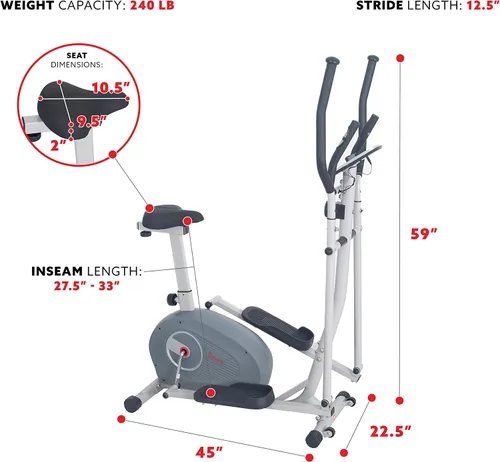 Vista 5 de Sunny Health & Fitness Elliptical and Bike Exercise Machine, Ultra Silent Adjustable Resistance Levels Cross Trainer for Home Gym with Pulse Rate