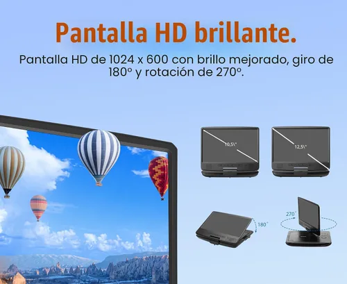Vista 4 de MEGATEK Reproductor de DVD portátil de 12.5 pulgadas con pantalla de 10.5 pulgadas y auriculares, reproductor de DVD de coche para niños con soporte
