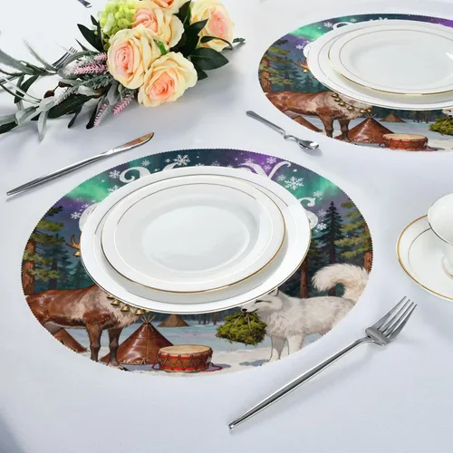 Vista 6 de Merry Christmas Fox Deer Plastic Round placemats Kids placemats for Dining Table Set of 4 15x15 in manteles para mesa