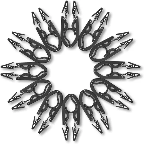 Vista 7 de 12 perchas de viaje negras con 24 clips plegables para maleta, perchas plegables portátiles para ropa, artículos esenciales para cruceros