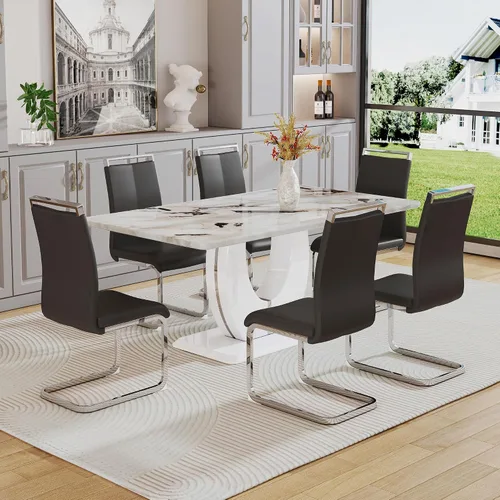 Vista 2 de JUFU Moderno juego de mesa de comedor de mármol sintético de 63 pulgadas para 6, mesa de cocina rectangular con base de pedestal en forma de U