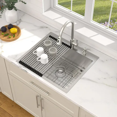 Vista 4 de Dcolora Fregadero de cocina empotrado de 25 pulgadas con grifo, fregadero pequeño de acero inoxidable de sobreponer, fregaderos de preparación