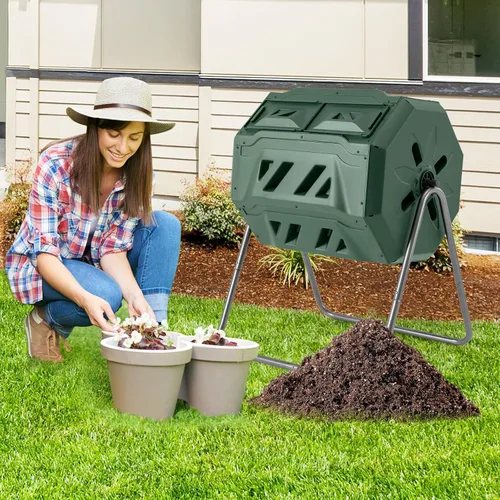 Vista 9 de Goplus Contenedor de compostaje de doble cámara para exteriores de 42 galones con 2 puertas corredizas, marco de metal resistente, compostador