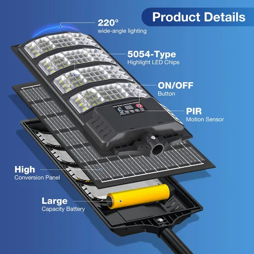 Vista 6 de [Usado] Luces solares impermeables para exteriores, luces LED de calle de 6500 K con sensor de movimiento y control remoto, luces de inundación
