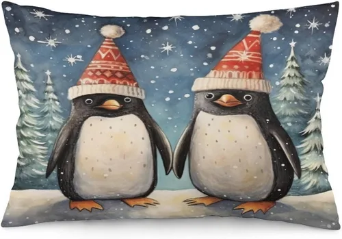 Vista 18 de Fundas de almohada con diseño de pingüinos de Navidad de 12 x 20 pulgadas, diseño de pingüinos en acuarela de Navidad, fundas de almohada