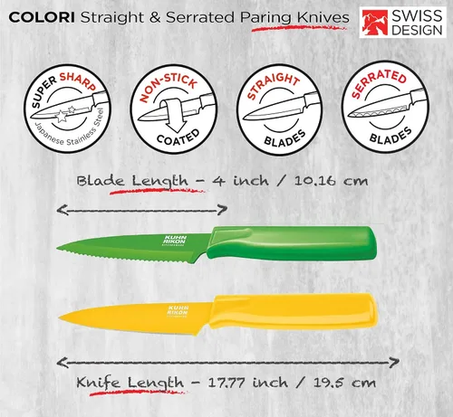 Vista 2 de Kuhn Rikon COLORI Cuchillo de pelar recto y dentado con funda de seguridad, hoja de 4 pulgadas, juego de 2, verde y amarillo