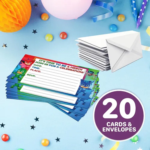 Vista 6 de Juego de 20 máscaras de héroe con temática de feliz cumpleaños, tarjetas de invitación y sobres, ligeros (8.47 oz), invitaciones estilo postal