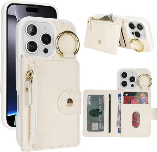 Vista 43 de Funda para iPhone 14 Plus con tarjetero, color negro Funda con cremallera y ranura para mujer y hombre