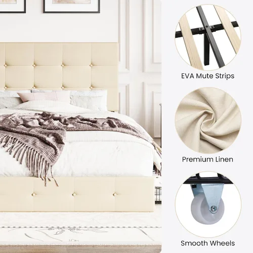 Vista 7 de SHA CERLIN Base de cama de plataforma tamaño matrimonial tapizada con 4 cajones de almacenamiento, cabecero ajustable con diseño cosido en cuadrados