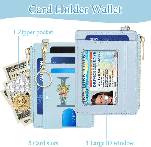 Vista 4 de Tarjetero para mujer minimalista y delgado con bolsillo frontal, bloqueo RFID, cartera compacta con ventana para identificación y bolsillo