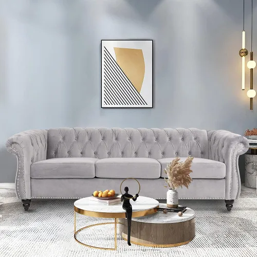Vista 16 de LEVNARY Sillón Chesterfield de Terciopelo, Sillón Individual de Estilo Moderno de Mediados del Siglo con Respaldo de Botones y Decoración con Beige