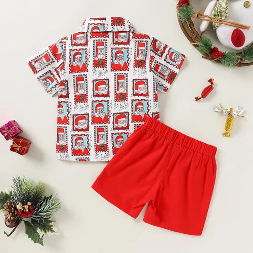 Vista 3 de JEELLIGULAR Conjunto de pantalones cortos y camisa con botones y estampado de Papá Noel para niños pequeños