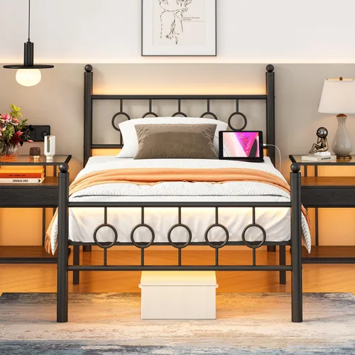 Vista 8 de Jenmit Bases de cama individuales con cabecero, estructura de cama LED con estación de carga, plataforma de metal, almacenamiento bajo la cama,