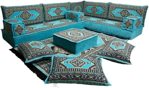 Vista 130 de arabicsofa Juego de asientos Jalsa en forma de L – Majlis árabe hecho a mano con almohadas de respaldo