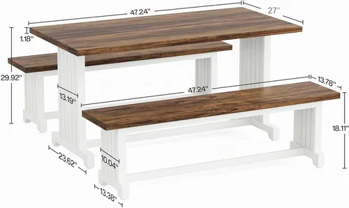 Vista 7 de Tribesigns Juego de mesa de comedor pequeña de 47 pulgadas para 2, mesa de cocina de 3 piezas con 2 bancos, muebles de cena de madera de granja