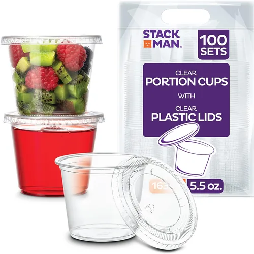 Vista 8 de Mini vasos de plástico para soufflé con tapas [2 oz - 100 juegos] Vasos para shots de gelatina - Vaso de 2 oz, recipientes pequeños para condimentos