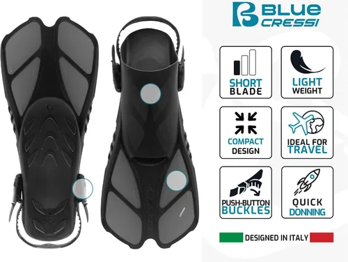 Vista 2 de Cressi - Aletas de natación cortas ajustables para adultos con hebillas ultrarresistentes, muy ligeras - Ideales para viajar Bonete: Diseñadas