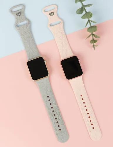 Vista 2 de Paquete de 2 correas de bambú grabadas casuales compatibles con Apple Watch Band de 1.496 in 1.575 in 1.614 in 1.654 in 1.732 in 1.772 in 1.929 in