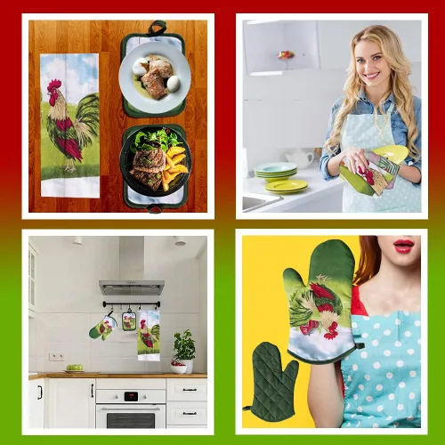 Vista 3 de Lobyn Paquete económico: ropa de cocina rústica de gallo y granero rojo de 4 piezas, 2 toallas (15 x 25), 1 agarradera (6 x 9) y 1 guante de horno