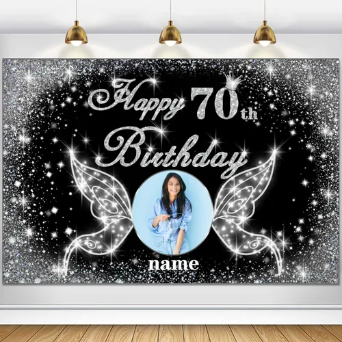 Vista 126 de Cartel personalizado de decoración de fiesta de cumpleaños número 100 - tema de alas de ángel - negro y plateado HY-NLK-100º