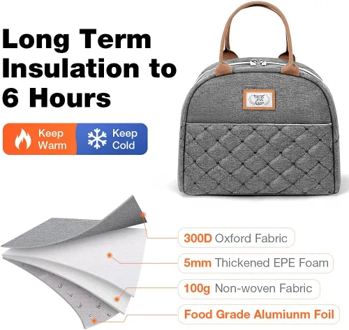 Vista 5 de Lekesky Lonchera para mujer, lonchera aislada, bonita bolsa de almuerzo a prueba de fugas para el trabajo de adultos, color gris
