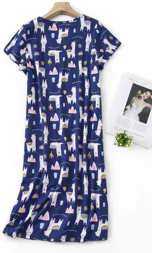 Vista 2 de CHUNG Camisón de algodón para mujer, con estampado casual hasta la rodilla, camisa de manga corta