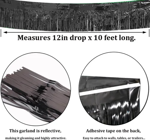 Vista 2 de Paquete de 4 Negro Total 40 Pies Guirnalda de Flecos de Papel Aluminio Pancarta Metálica de Oropel Cortinas Colgantes de Pared Decoraciones de Falda