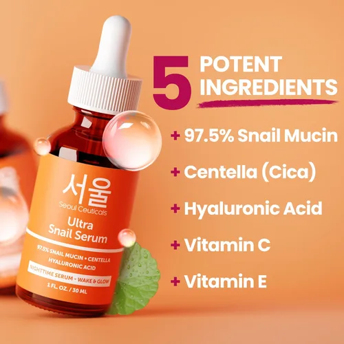 Vista 3 de SeoulCeuticals Korean Skin Care - Suero de mucina de caracol 97.5% - K Beauty Skincare Anti Arrugas Cica Night Serum Ácido Hialurónico para la cara
