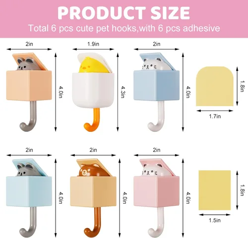 Vista 2 de Fuyamp 6 Pcs Creative Adhesive Coat Hooks Cute Pet Wall Hooks for Coat, Hat, Towel, Key, Bag Adhesive Hooks for Wall Decorations Small Key Chain Hook