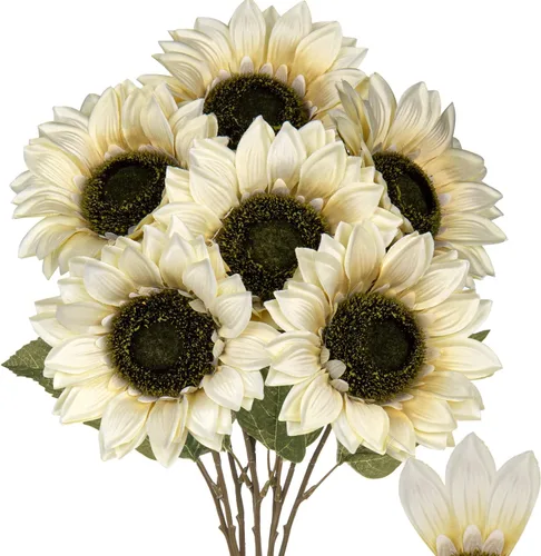 Vista 12 de Girasoles artificiales de seda grandes de color naranja, flores de otoño artificiales de tallo largo de 26 pulgadas, 6 piezas de girasoles falsos