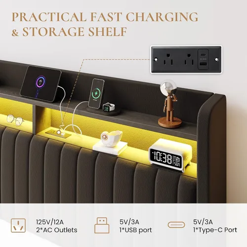 Vista 3 de SHA CERLIN - Estructura de cama de tamaño matrimonial con almacenamiento elevado/Luces LED/Estación de carga/Cabecero con estantes de 2 niveles/USB