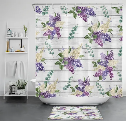 Vista 15 de EOBTAIN Cortina de ducha floral púrpura para baño, flores de acuarela y hojas de eucalipto verde sobre beige, cortina de ducha con 10 ganchos, juego